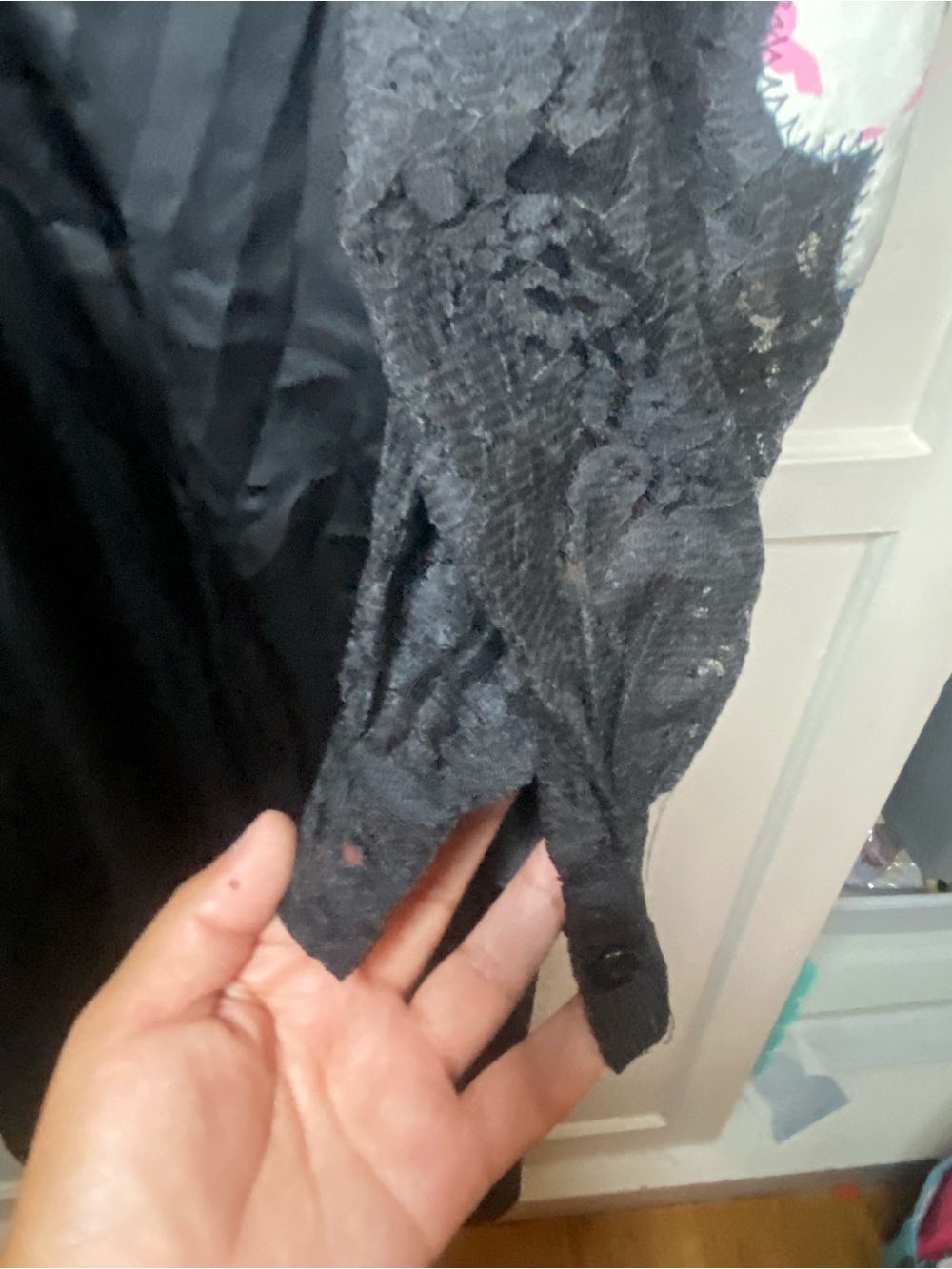 Topshop Black Satin Dress with Lace Floral Sleeves - Picture 3 of 7